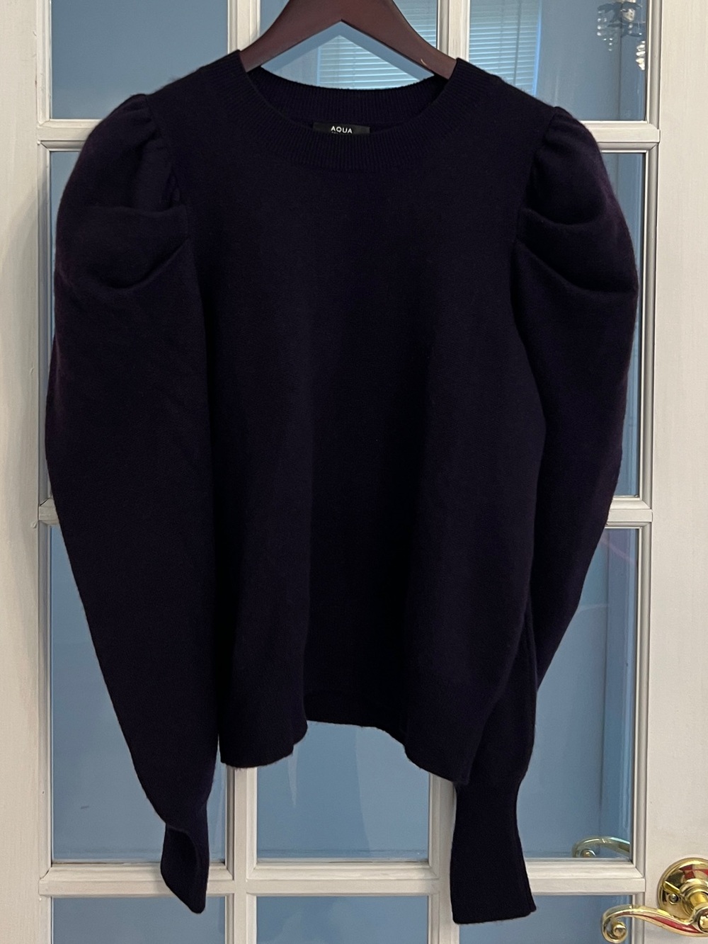 AQUA Women’s 100% Cashmere Navy Blue Puff Sleeve Crewneck Sweater M